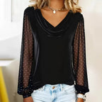 Haut Femme en Velours à Col Drapé Manches Longues en Tulle à Pois